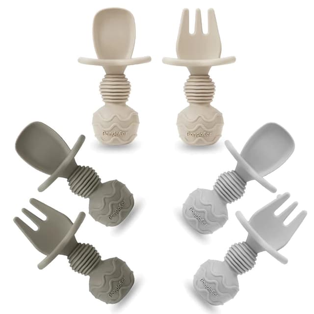 PandaEar 6 Pack Silicone Baby Spoons and Fork Feeding Set- Anti-Choke First Self Feeding Utensils for Baby Led Weaning Ages 3 Months (Tan,Walnut&Grey) preview 1