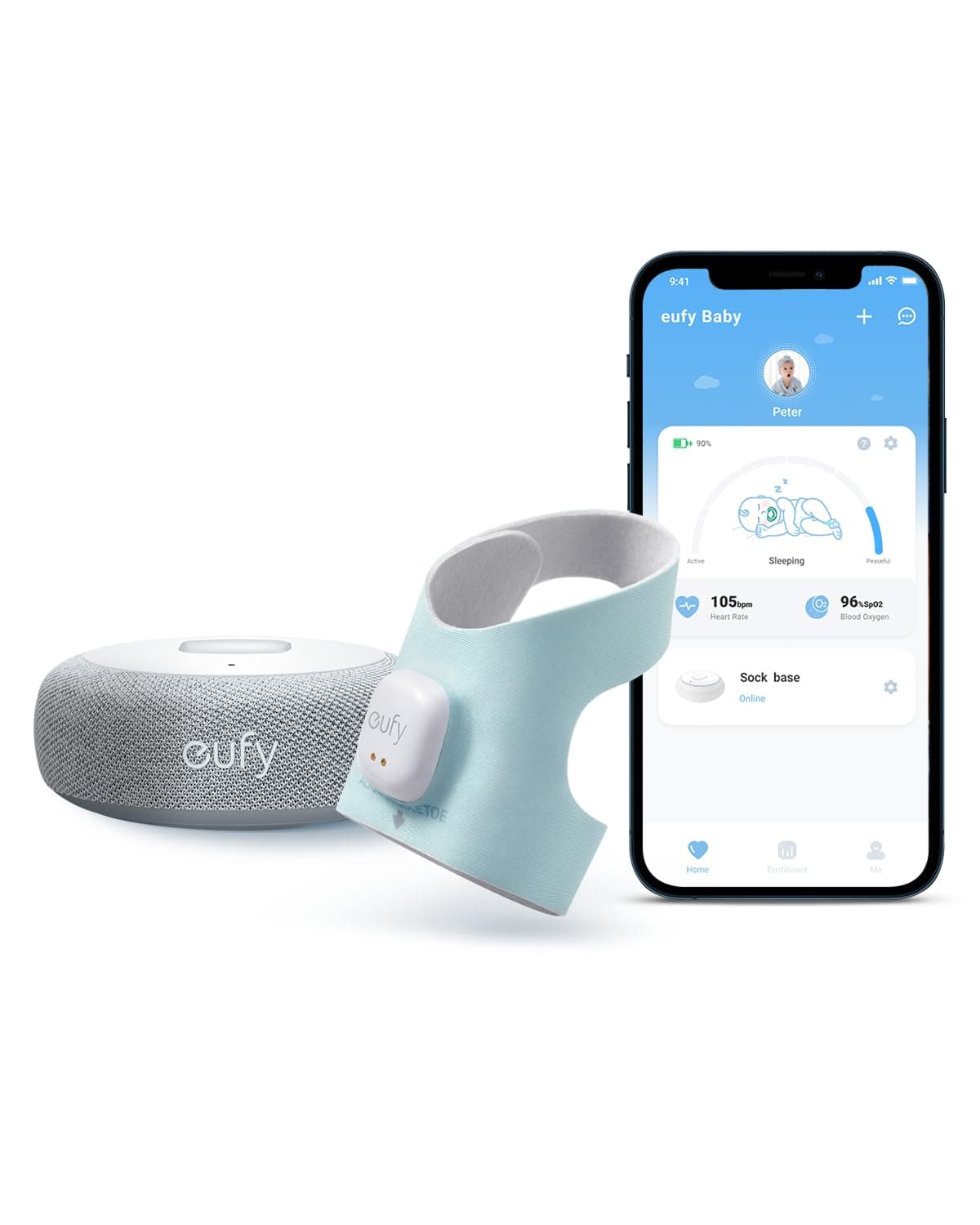 eufy Security Baby Monitor Baby Smart Sock with 2.4 GHz Wi-Fi, Track Sleep Patterns, Naps, Heart Rate, No Monthly Fee