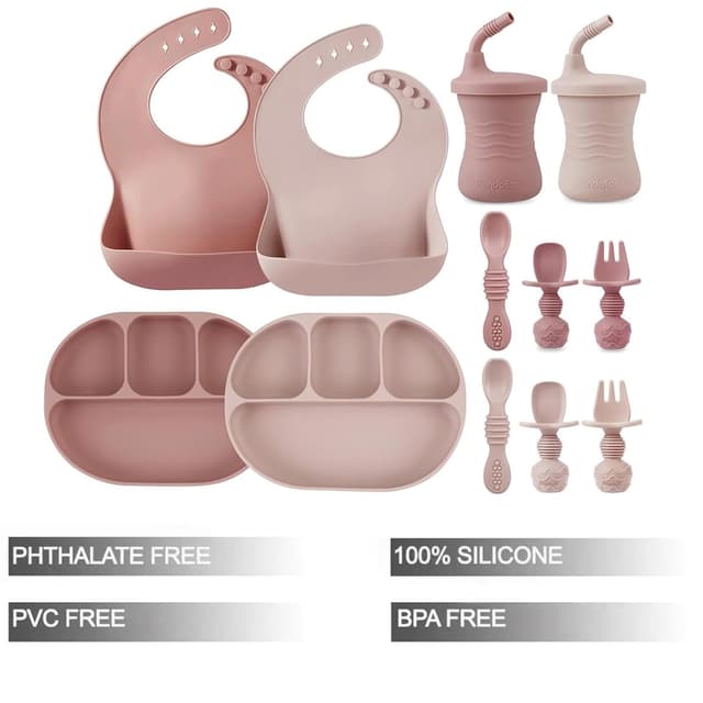 PandaEar 12PCS Silicone Baby Feeding Set | 2 Sectioned Baby Suction Plate, 2 Baby Bibs, 2 Toddler Cup, 4 Baby Spoons & 2 Baby Forks | Baby Led Weaning Supplies preview 2