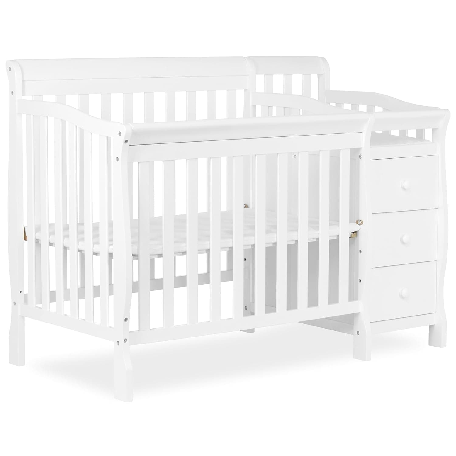 Dream On Me Jayden 4‑in‑1 Mini Convertible Baby Crib & Changer with Storage in White, Pinewood, GreenGuard Gold & BSA, 1” Mattress Pad, 3 Mattress Heights, Converts to Mini Day & Twin-Size Bed
