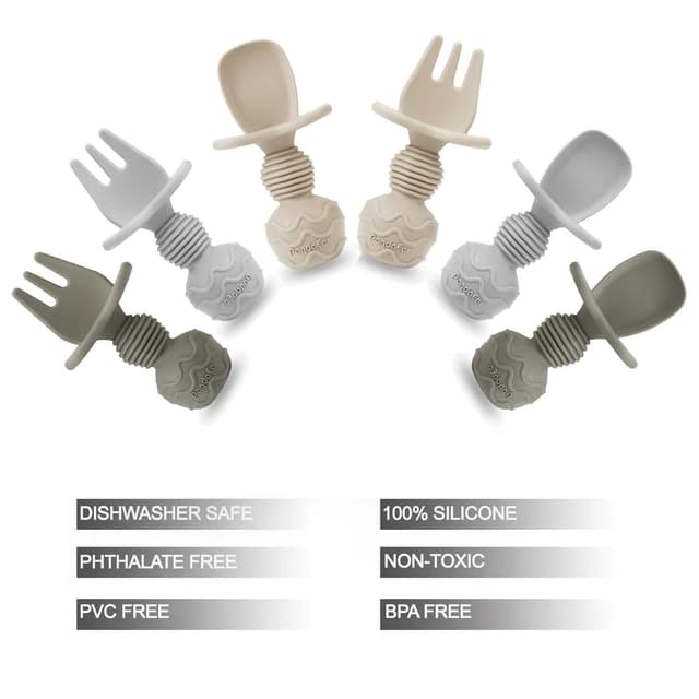 PandaEar 6 Pack Silicone Baby Spoons and Fork Feeding Set- Anti-Choke First Self Feeding Utensils for Baby Led Weaning Ages 3 Months (Tan,Walnut&Grey) preview 5