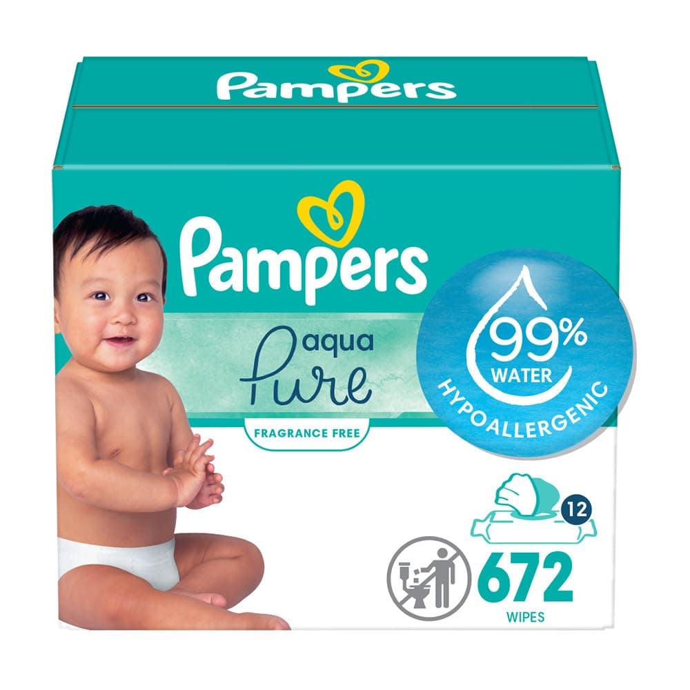 Pampers Baby Wipes Aqua Pure, 99% water-based wipes, Hypoallergenic and Unscented Baby Wipes, 672 Wipes Total (12 Flip-Top Packs)