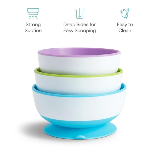 Munchkin Stay Put Suction Bowls for Baby and Toddler, 3 Pack, Blue/Green/Purple preview 5