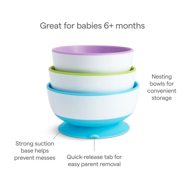 Munchkin Stay Put Suction Bowls for Baby and Toddler, 3 Pack, Blue/Green/Purple preview 6