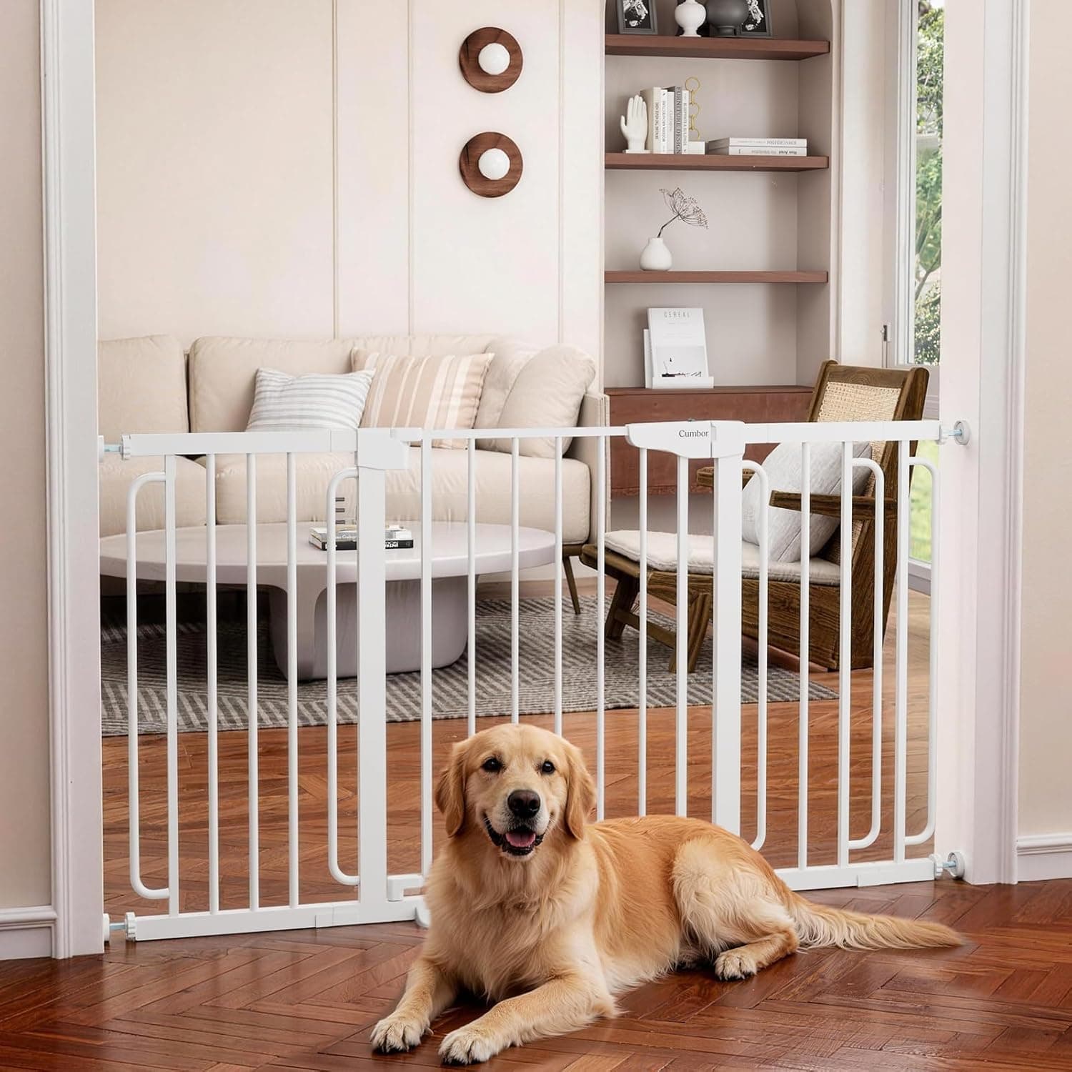 Cumbor 2-Pack Baby & Dog Gates Bundle, 29.7-46" & 30.4-56.8" Extra Wide Safety Gates for Stairs Doorways Hallways, Dual Lock Auto Close Easy Install Pet Gate, White