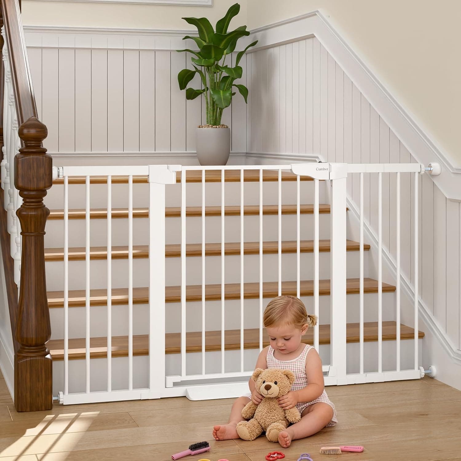 Cumbor 2-Pack Baby & Dog Gates Bundle, 29.7-46" & 30-54" Extra Wide Safety Gates for Stairs Doorways Hallways, Dual Lock Auto Close Easy Install Pet Gate, White