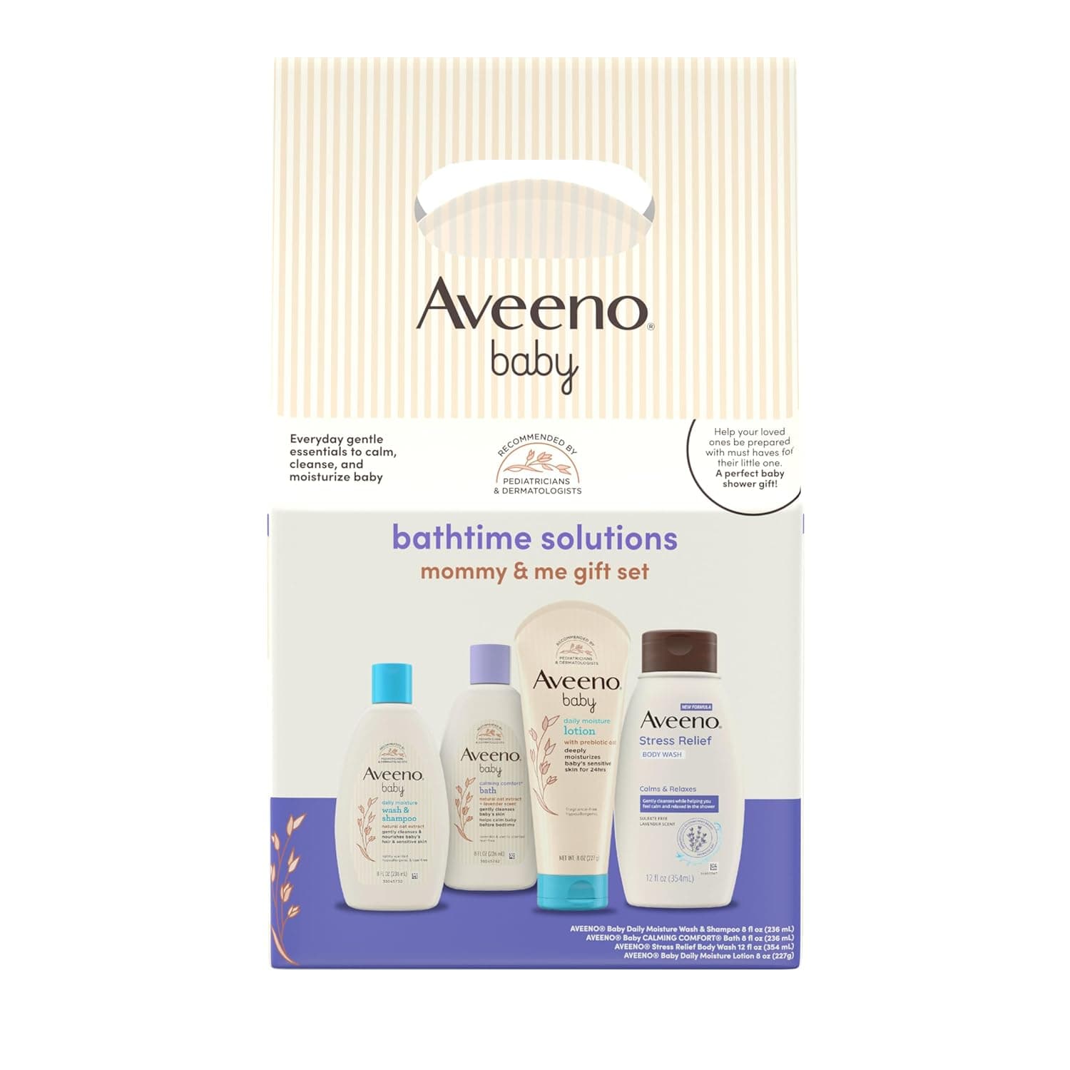 Aveeno Baby Bathtime Solutions Baby & Me Gift Set with Baby Wash & Shampoo, Calming Baby Bath, Baby Daily Moisturizing Lotion & Stress Relief Body Wash for Mom, Oatmeal, 4 Items