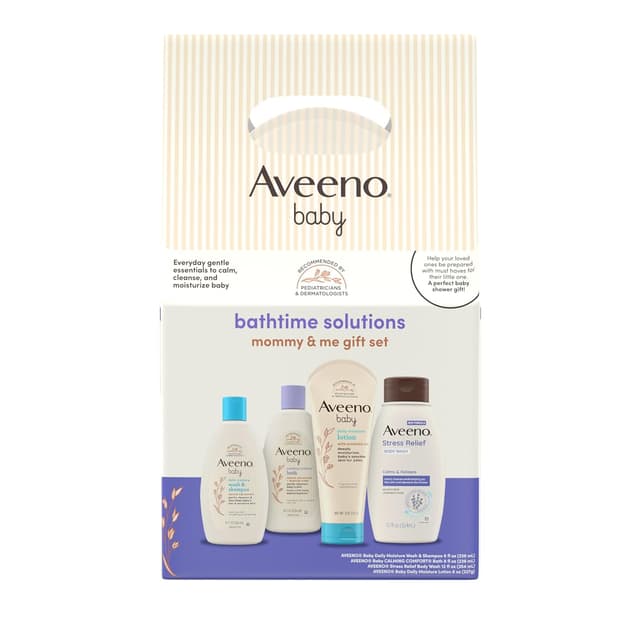 Aveeno Baby Bathtime Solutions Baby & Me Gift Set with Baby Wash & Shampoo, Calming Baby Bath, Baby Daily Moisturizing Lotion & Stress Relief Body Wash for Mom, Oatmeal, 4 Items preview 1