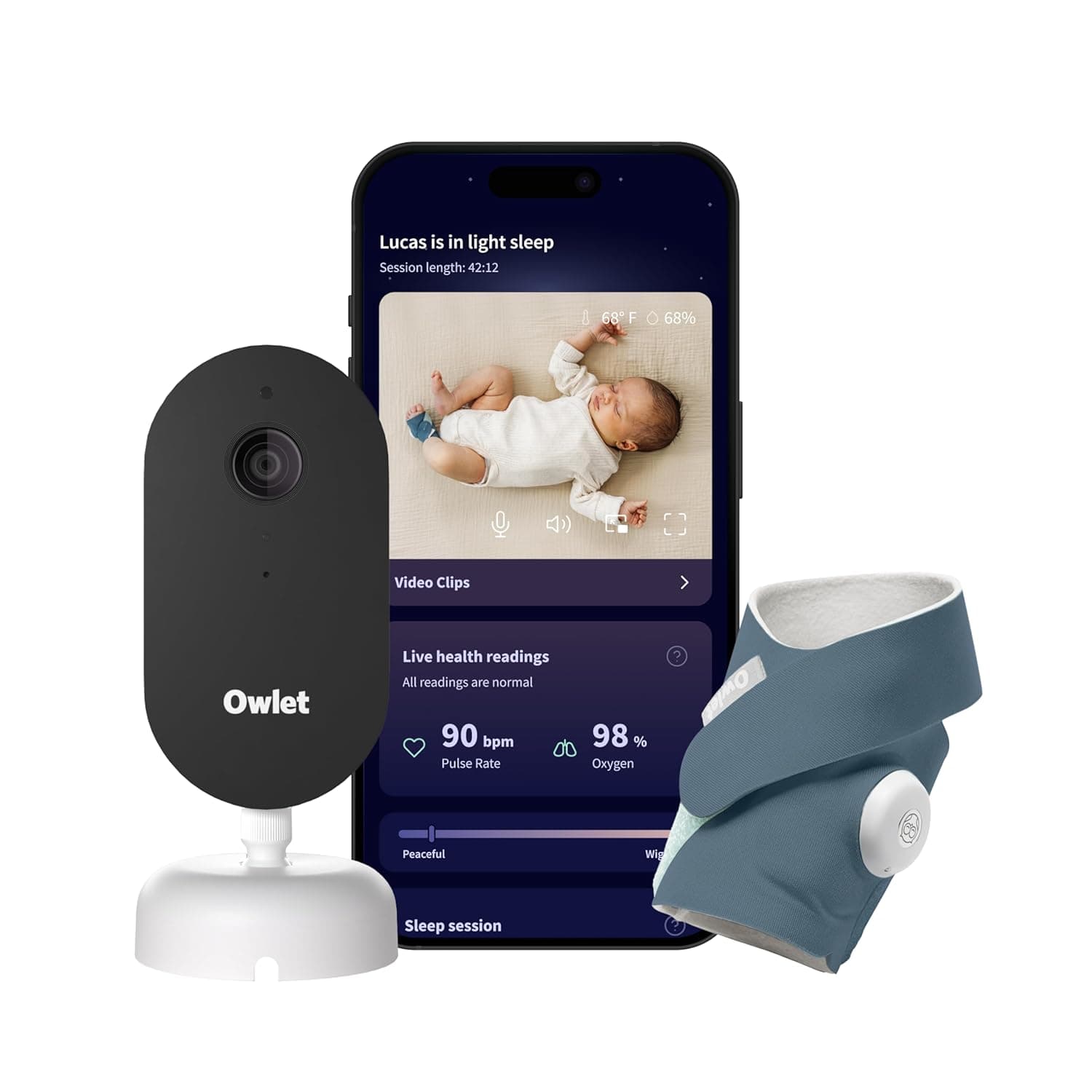 Owlet Dream Duo (Gen 3) Smart Baby Monitor All-in-One Bundle - 2K HD Video Baby Monitor with Alerts & Owlet Dream Sock Tracks Baby’s Oxygen, Heart Rate & Sleep | Health Insights via App