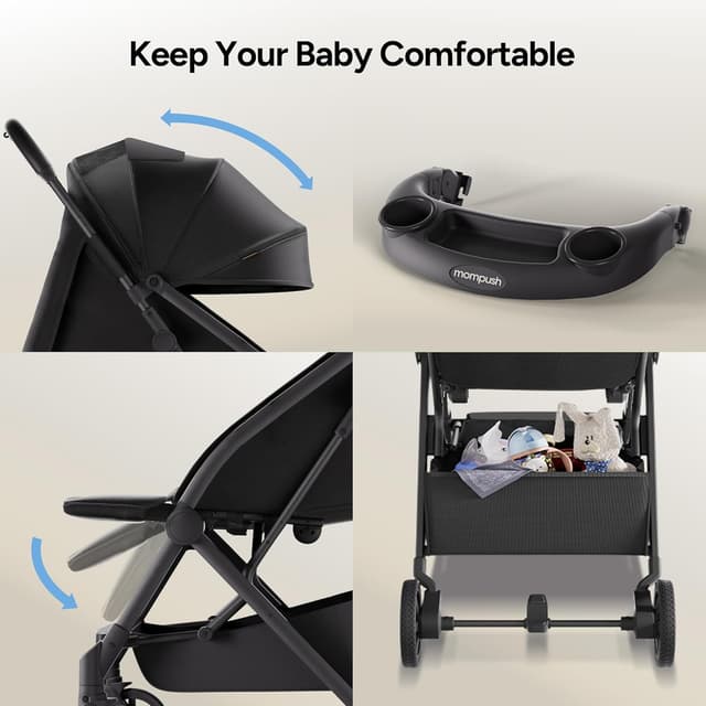 Mompush Lithe V2 Lightweight Travel Stroller, Compact Foldable Baby Stroller with Travel Bag, One-Hand Fold Stroller, Snack Tray, Mechanical Recline Seat, Airplane-Ready, UPF 50+ Canopy & Rain Cover preview 8