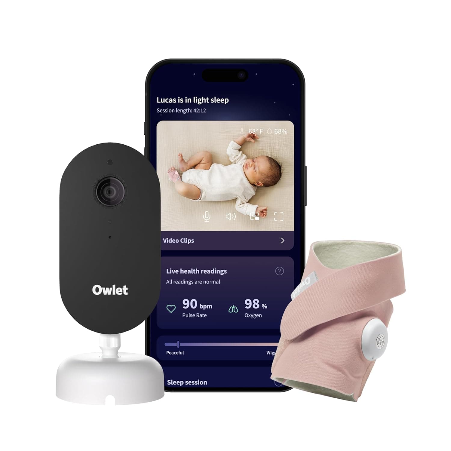 Owlet Dream Duo (Gen 3) Smart Baby Monitor All-in-One Bundle - 2K HD Video Baby Monitor with Alerts & Owlet Dream Sock Tracks Baby’s Oxygen, Heart Rate & Sleep | Health Insights via App
