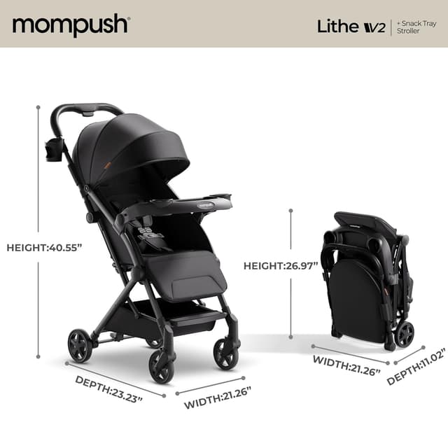 Mompush Lithe V2 Lightweight Travel Stroller, Compact Foldable Baby Stroller with Travel Bag, One-Hand Fold Stroller, Snack Tray, Mechanical Recline Seat, Airplane-Ready, UPF 50+ Canopy & Rain Cover preview 9