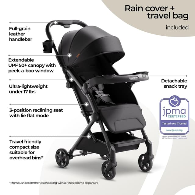 Mompush Lithe V2 Lightweight Travel Stroller, Compact Foldable Baby Stroller with Travel Bag, One-Hand Fold Stroller, Snack Tray, Mechanical Recline Seat, Airplane-Ready, UPF 50+ Canopy & Rain Cover preview 2