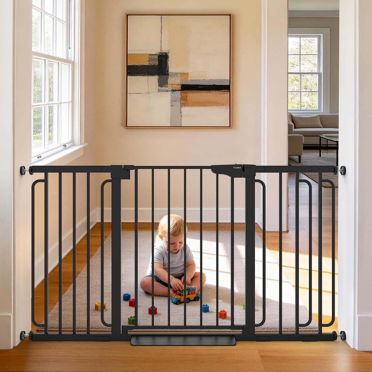 Cumbor 2-Pack Baby & Dog Gates Bundle, 29.7-48" & 30.4-56.8" Extra Wide Safety Gates for Stairs Doorways Hallways, Dual Lock Auto Close Easy Install Pet Gate, Black