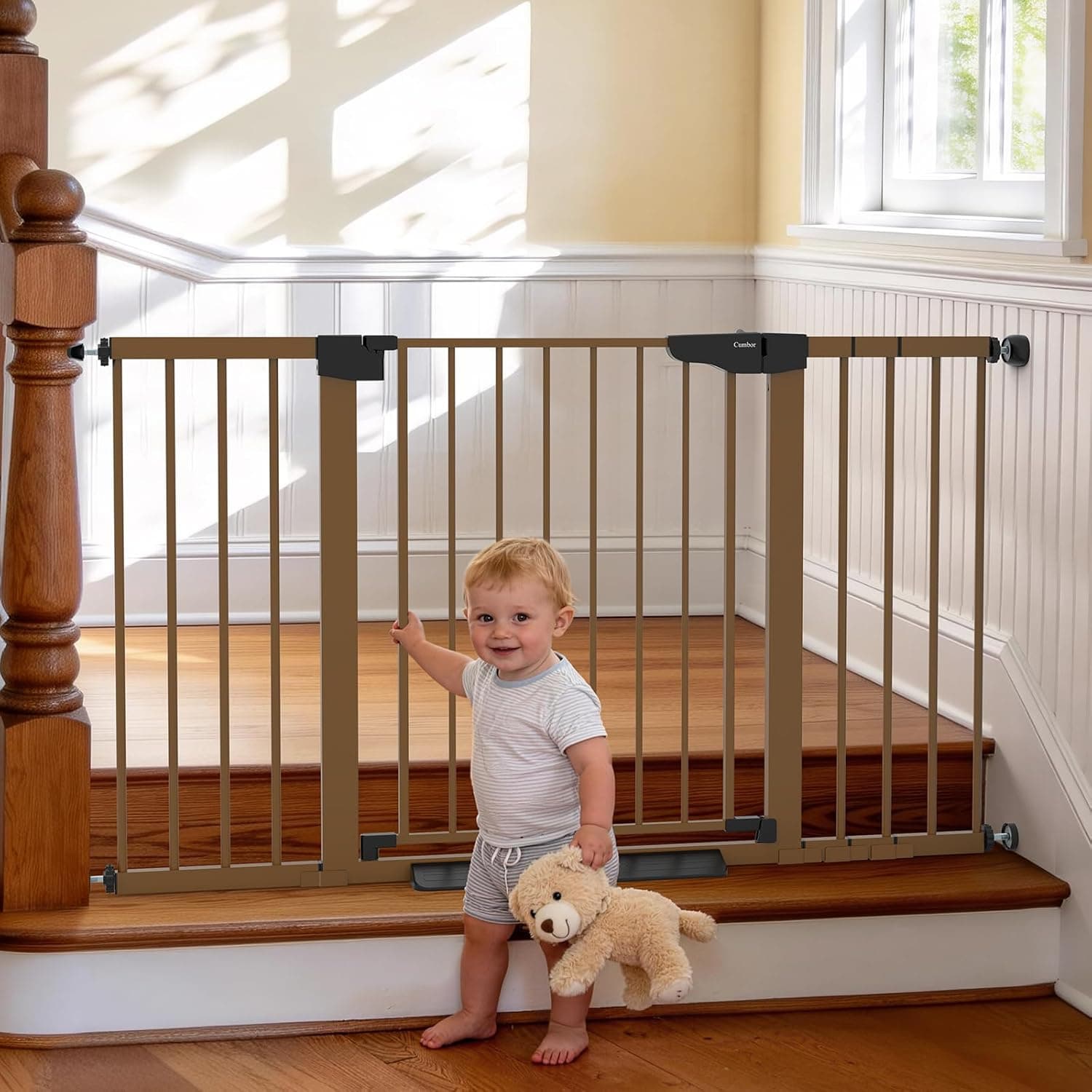 Cumbor 2-Pack Baby & Dog Gates Bundle, 29.7-51.5" & 30-54" Extra Wide Safety Gates for Stairs Doorways Hallways, Dual Lock Auto Close Easy Install Pet Gate, Brown