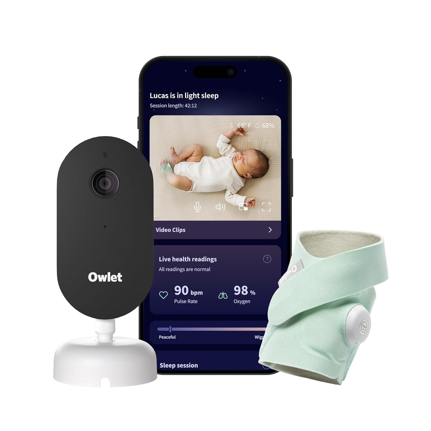 Owlet Dream Duo (Gen 3) Smart Baby Monitor All-in-One Bundle - 2K HD Video Baby Monitor with Alerts & Owlet Dream Sock Tracks Baby’s Oxygen, Heart Rate & Sleep | Health Insights via App