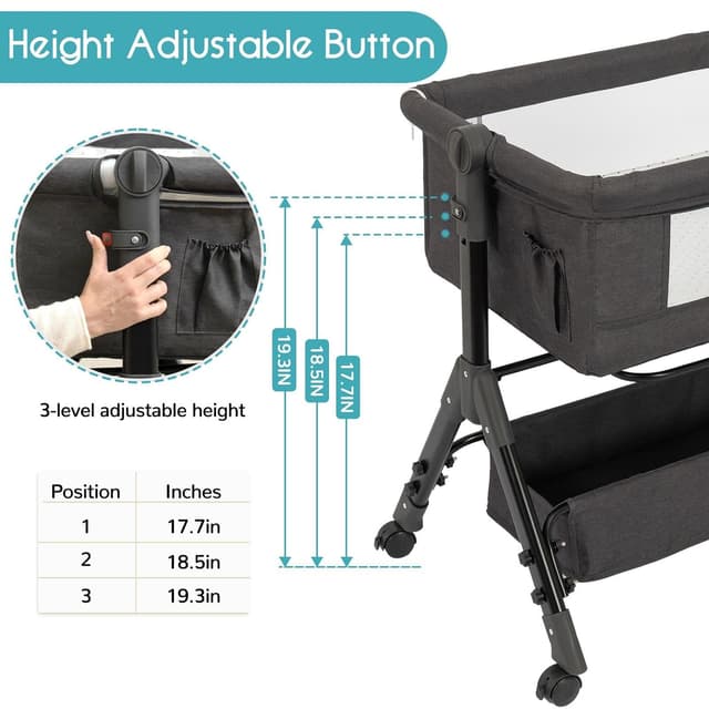 BCOL Baby Bassinet, Bedside Bassinet for Baby, 3 in 1 Bassinet Bedside Sleeper with Wheels, Mosquito Net, Adjustable Easy Folding Portable Bed for Infant Newborn (Dark Grey) preview 3