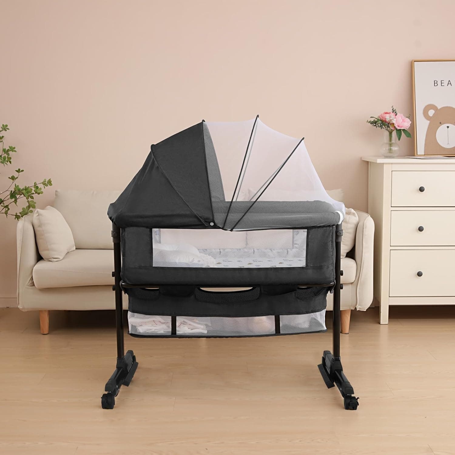 Baby Cradle, Freestanding Bedside Bassinet, 3-in-1 Convertible Bassinet with 360° Swivel Wheels, 2026 New Model Adjustable, Easy-Fold Portable Neutral Baby Newborn Bassinet (Dark Gray)