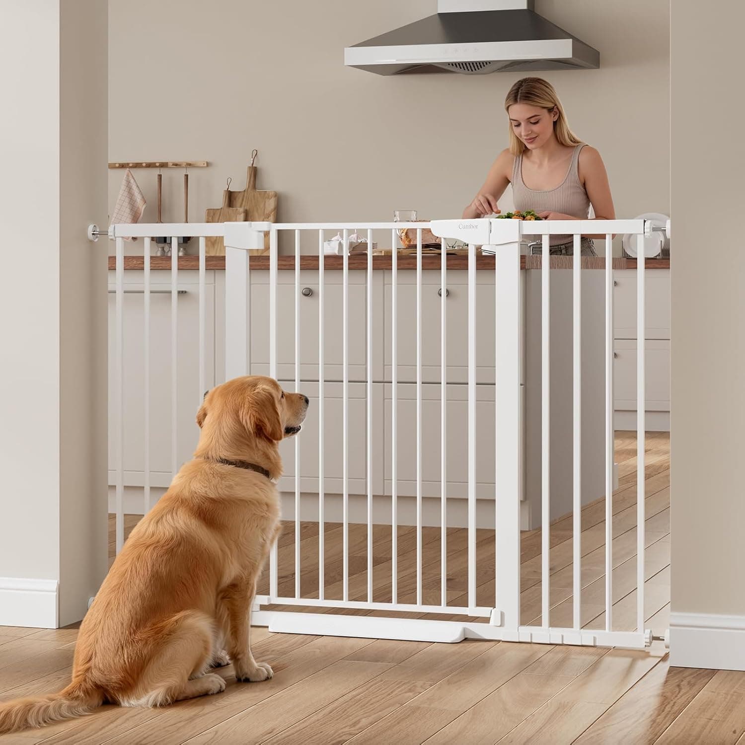 Cumbor 2-Pack Baby & Dog Safety Gates Bundle, 29.7-46" Standard Height & 30-54" Extra Tall Child Pet Gate, Auto Close Dual Lock Self-Closing, Pressure Mount for Stairs Doorways Hallways, White