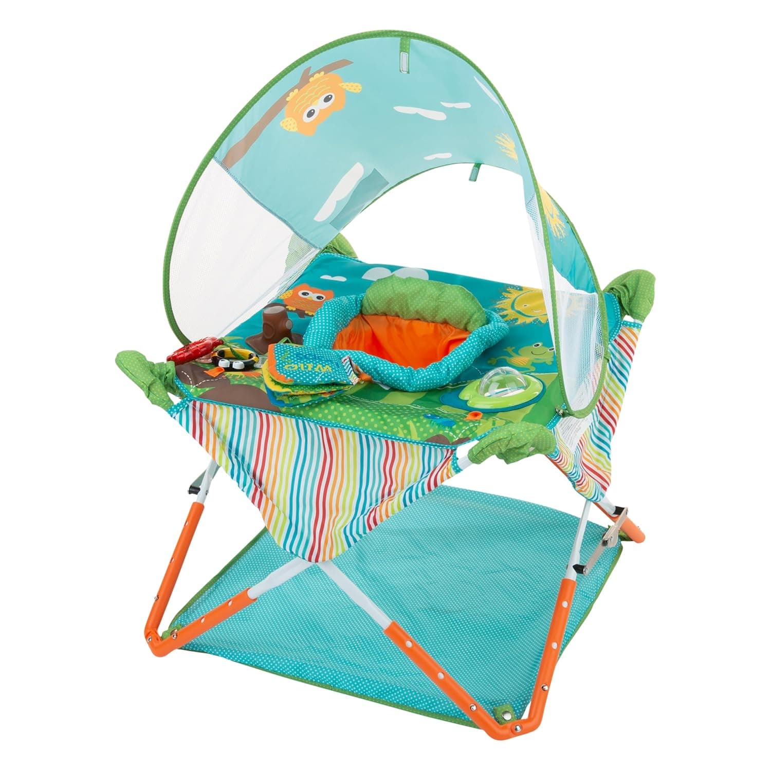 Bright Starts by Summer Infant Pop 'N Jump Portable Baby Activity Center, Indoor Outdoor Use, Lightweight, Carrying Bag, Canopy, 6-12 Months (Animals)