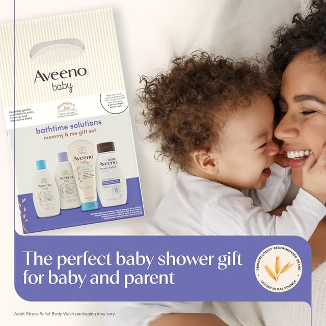 Aveeno Baby Bathtime Solutions Baby & Me Gift Set with Baby Wash & Shampoo, Calming Baby Bath, Baby Daily Moisturizing Lotion & Stress Relief Body Wash for Mom, Oatmeal, 4 Items preview 6