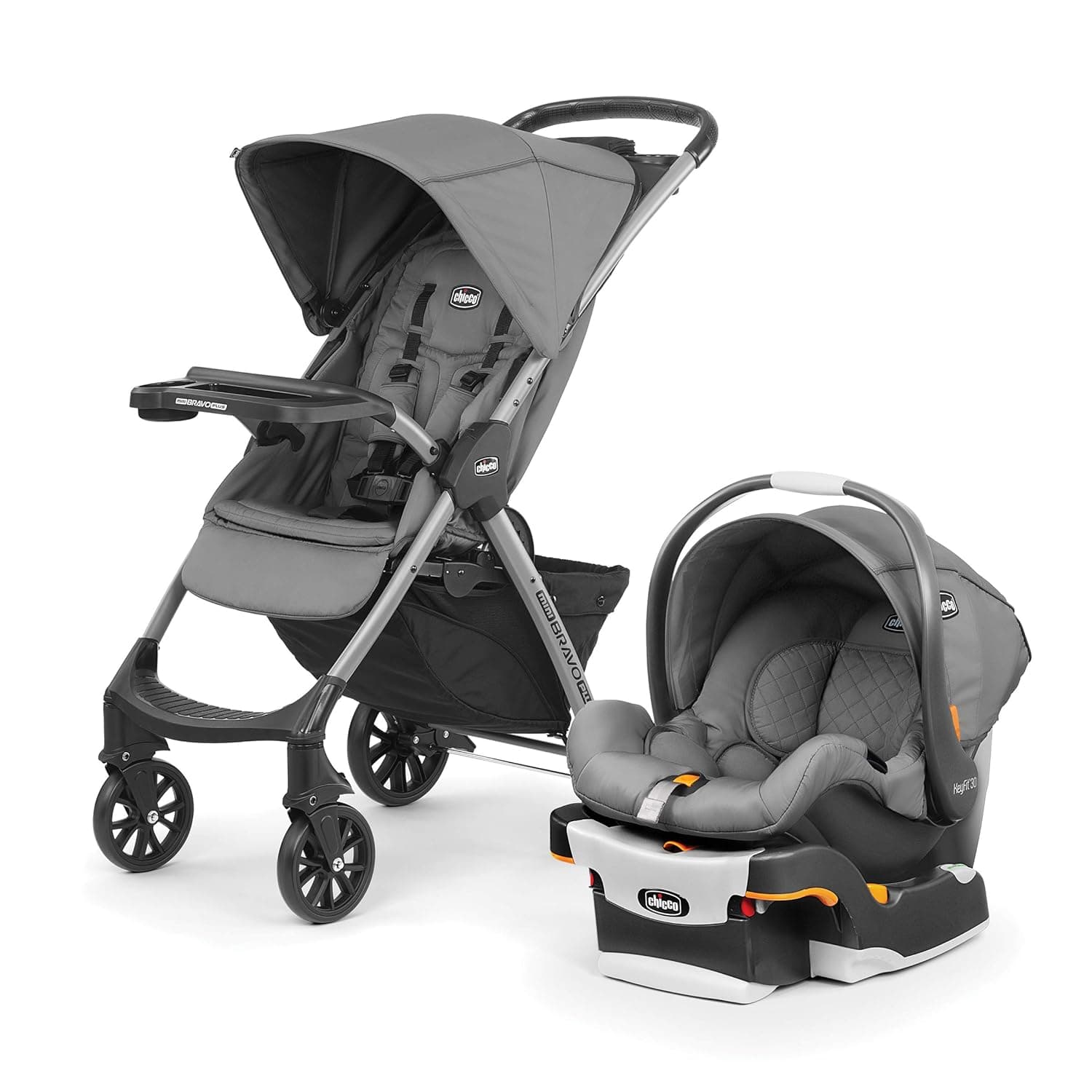 Chicco Mini Bravo Plus Travel System, Mini Bravo Plus Stroller with KeyFit 30 Infant Car Seat and Base, Slate/Grey
