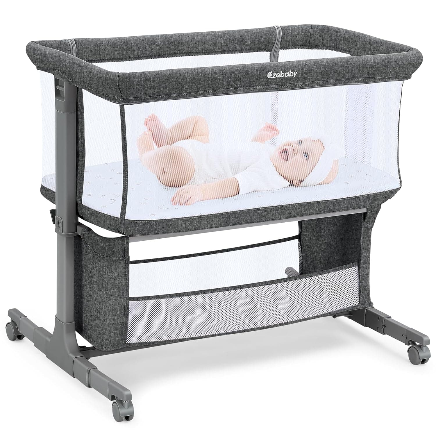 Ezebaby Bedside Bassinet for Baby, Portable Baby Bassinet Bedside Sleeper for Newborn Infants with Wheels Storage Basket, Adjustable 7 Heights and All Mesh Sides