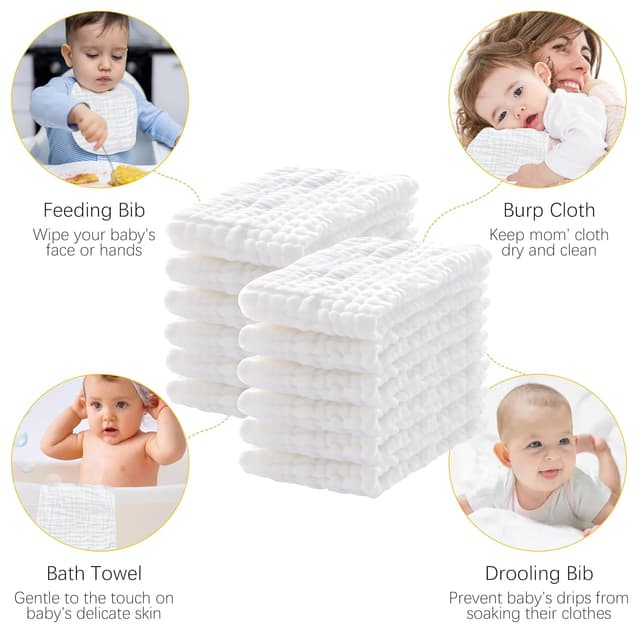 12 Pack Muslin Burp Cloths 100% Cotton Muslin Cloths Large 20''x10'' Extra Soft and Absorbent Baby Burping Cloth - White preview 4