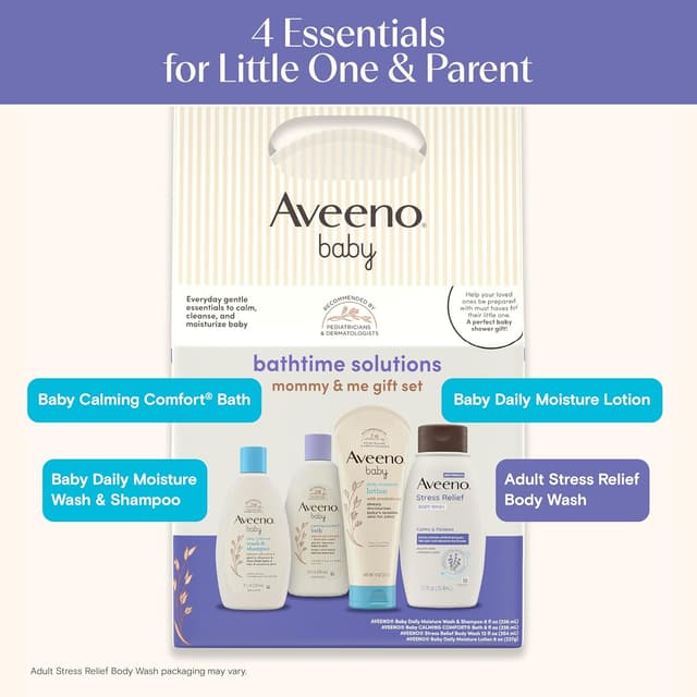 Aveeno Baby Bathtime Solutions Baby & Me Gift Set with Baby Wash & Shampoo, Calming Baby Bath, Baby Daily Moisturizing Lotion & Stress Relief Body Wash for Mom, Oatmeal, 4 Items preview 2