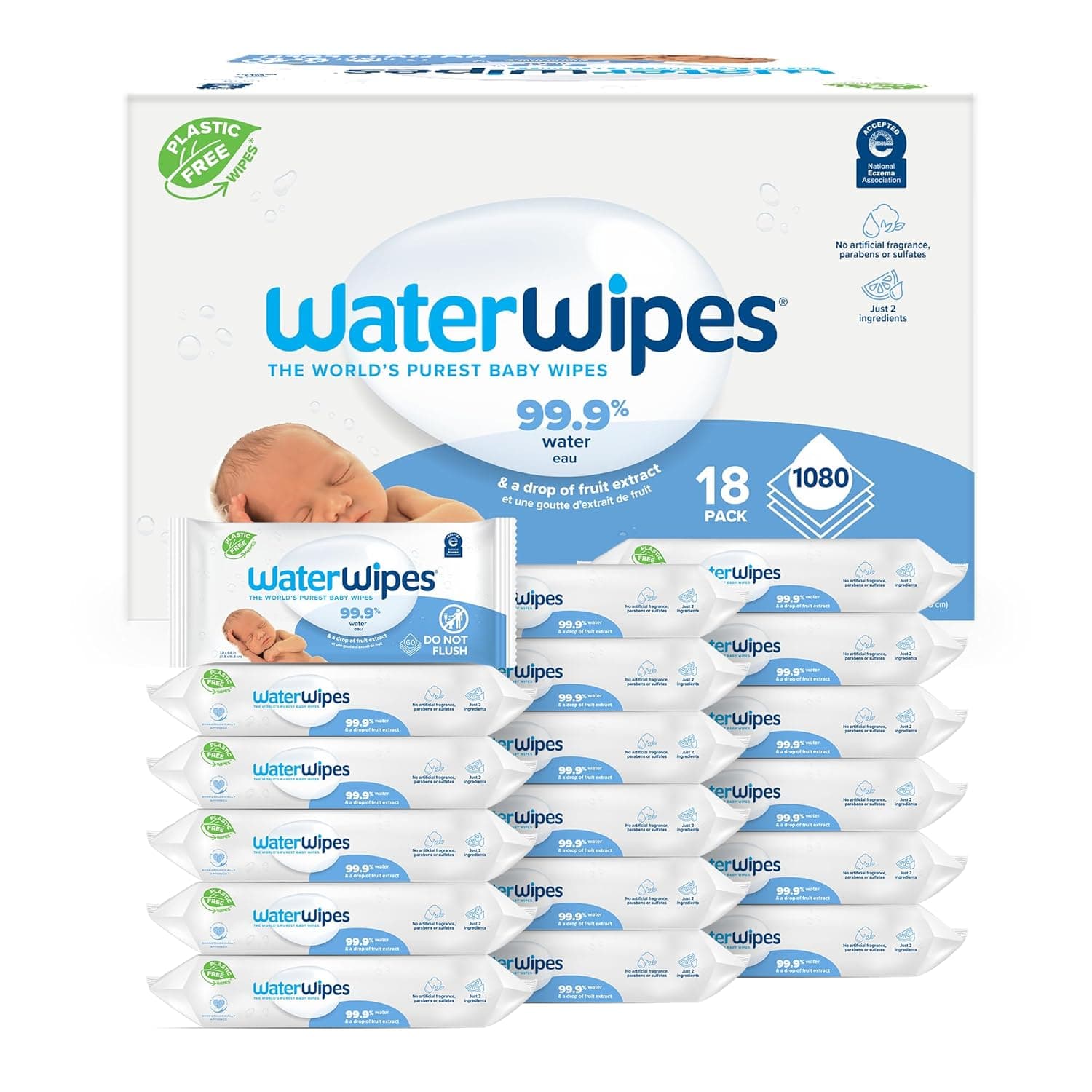 WaterWipes Plastic-Free Original Baby Wipes, 99.9% Water Based Wipes, Unscented &amp; Hypoallergenic for Sensitive Skin, 1080 Count (18 packs)
