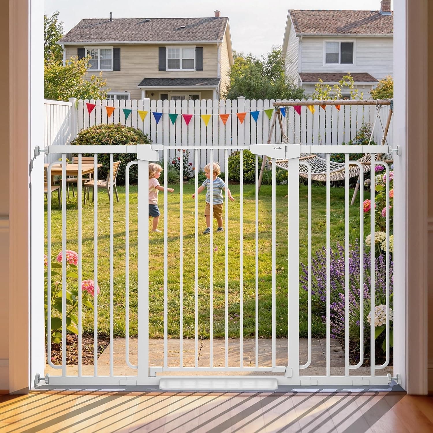 Cumbor 2-Pack Baby & Dog Safety Gates Bundle, 29.7-46" Standard Height & 30.4-56.8" Extra Tall Child Pet Gate, Auto Close Dual Lock Self-Closing, Pressure Mount for Stairs Doorways Hallways, White