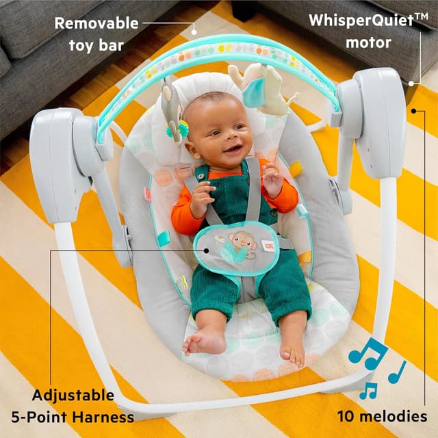 Bright Starts Portable Automatic 6-Speed Baby Swing with Adaptable Speed, Taggies, Music, Removable-Toy-Bar, 0-9 Months 6-20 lbs (Whimsical Wild) preview 8