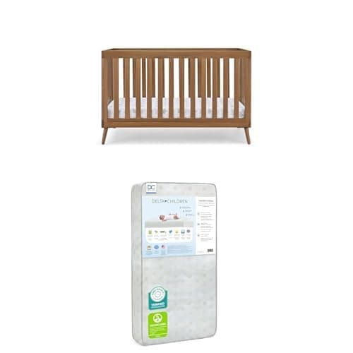 Delta Children Essex 4-in-1 Convertible Baby Crib, Chestnut Twinkle Galaxy Dual Sided Recycled Fiber Core Crib and Toddler Mattress (Bundle)