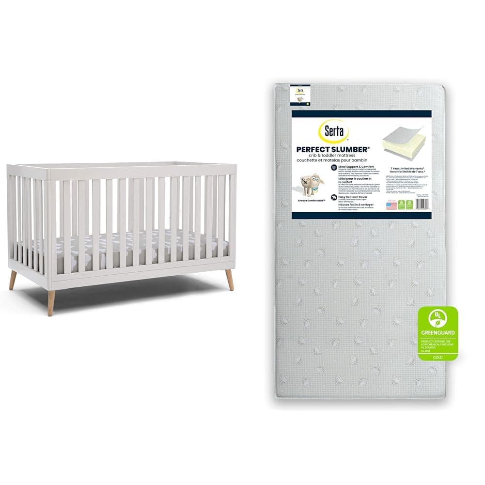 Delta Children Essex 4-in-1 Convertible Baby Crib and Serta Dual Sided Crib and Toddler Mattress Bundle