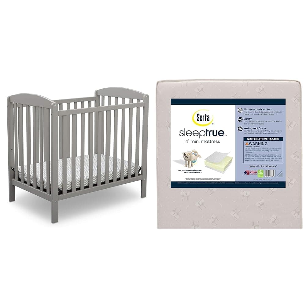 Delta Children Emery Mini Convertible Crib with Serta SleepTrue Mini Crib Mattress, Grey and White