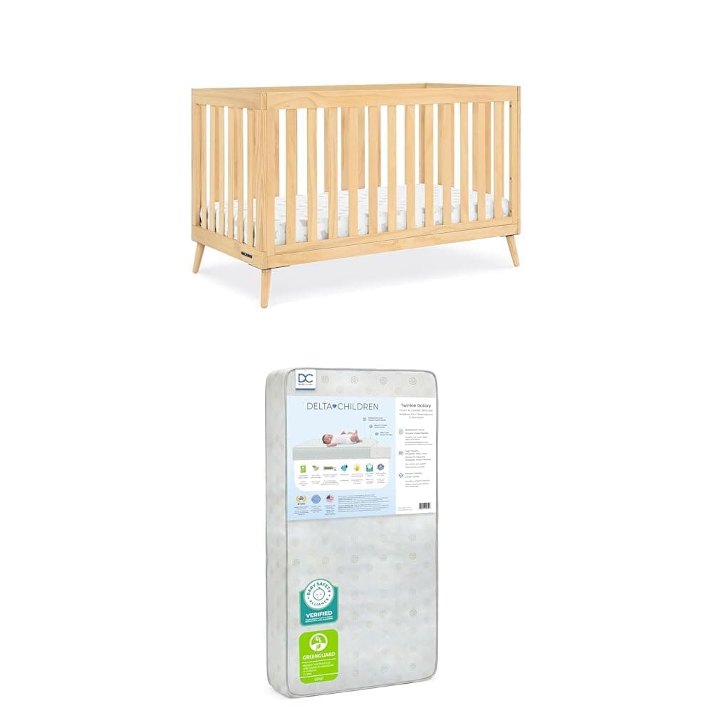 Delta Children Essex 4-in-1 Convertible Baby Crib, Natural Twinkle Galaxy Dual Sided Recycled Fiber Core Crib and Toddler Mattress (Bundle)