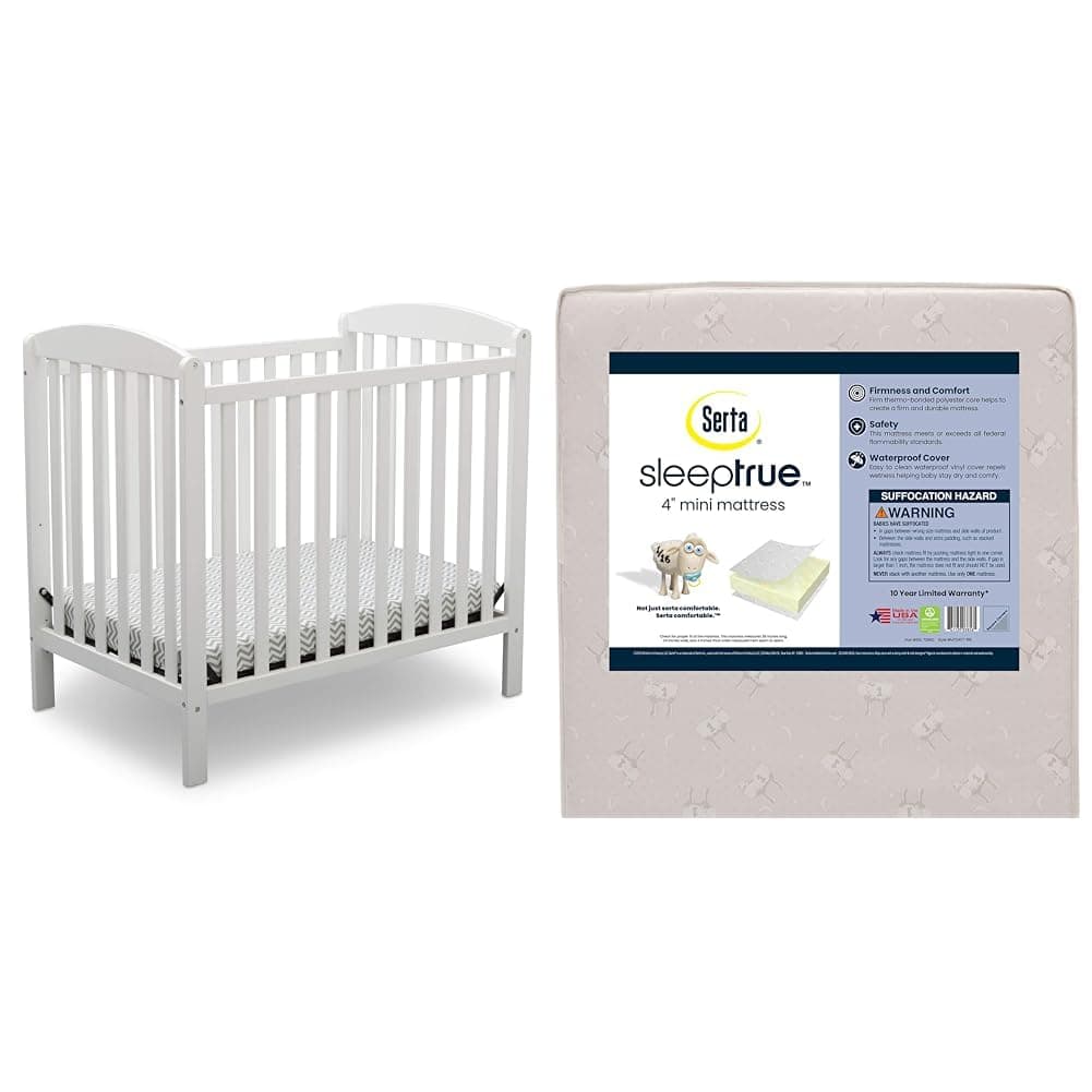 Delta Children Emery Mini Convertible Baby Crib with 2.75-inch Mattress, Bianca White & Serta SleepTrue Mini Crib Mattress, Premium Sustainably Sourced Fiber Core