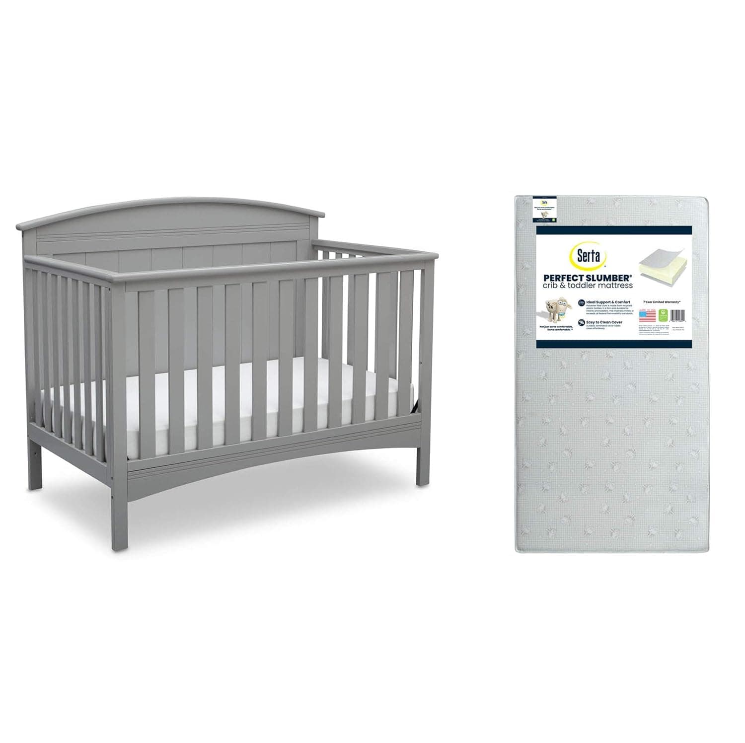 Delta Children Archer 4-in-1 Crib, Grey + Serta Perfect Slumber Dual Sided Recycled Fiber Core Crib and Toddler Mattress (Bundle)