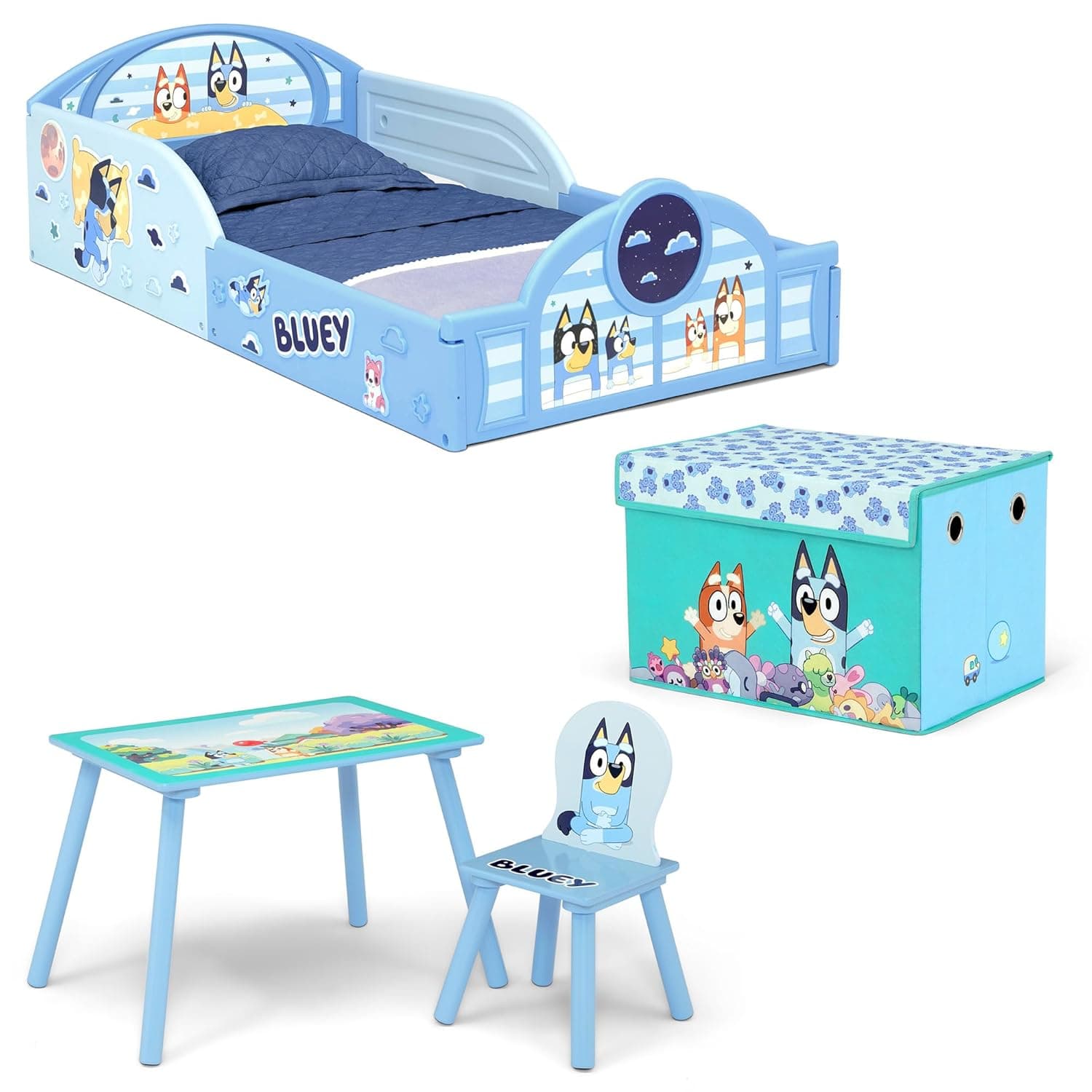 Delta Children - Bluey 4-Piece Toddler Room-in-a-Box Set – Includes Sleep and Play Toddler Bed, Table, 1 Chair and Fabric Toy Box, Blue