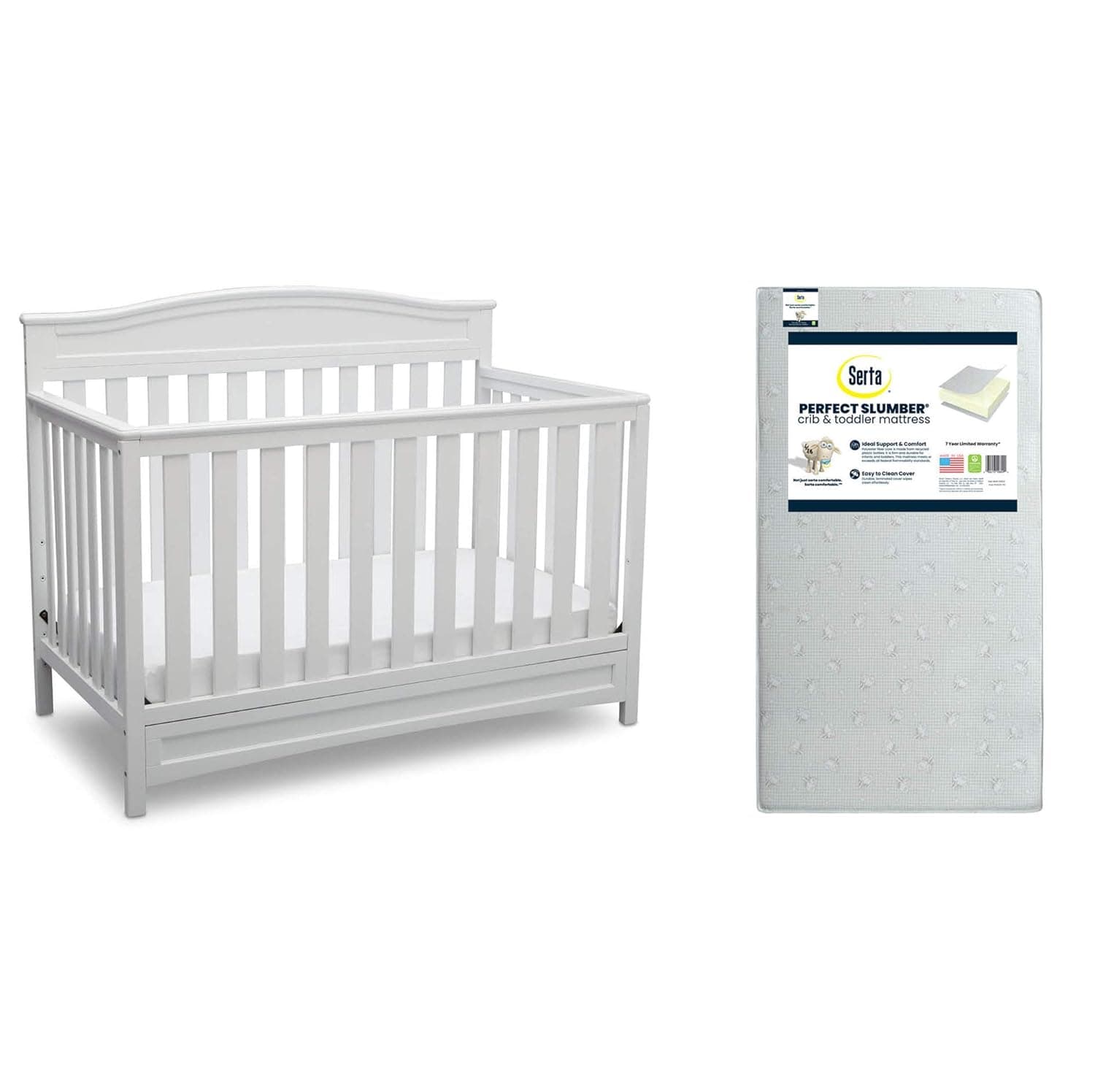 Delta Children Emery 4-in-1 Crib, White + Serta Perfect Slumber Dual Sided Recycled Fiber Core Crib and Toddler Mattress (Bundle)