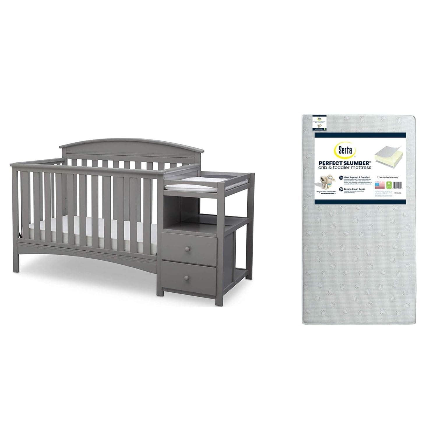 Delta Children Abby Convertible Crib 'N' Changer, Grey + Serta Perfect Slumber Dual Sided Recycled Fiber Core Crib and Toddler Mattress (Bundle)